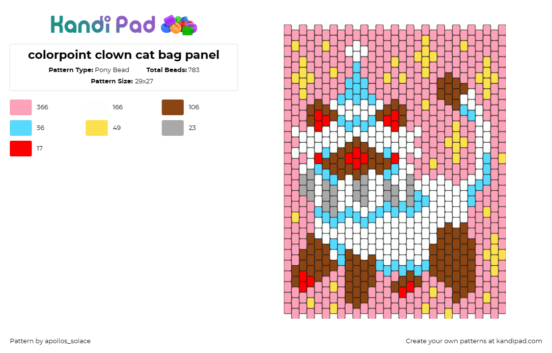 colorpoint clown cat bag panel - Pony Bead Pattern by apollos_solace on Kandi Pad - cat,clown,party,bag,panel,siamese,pink