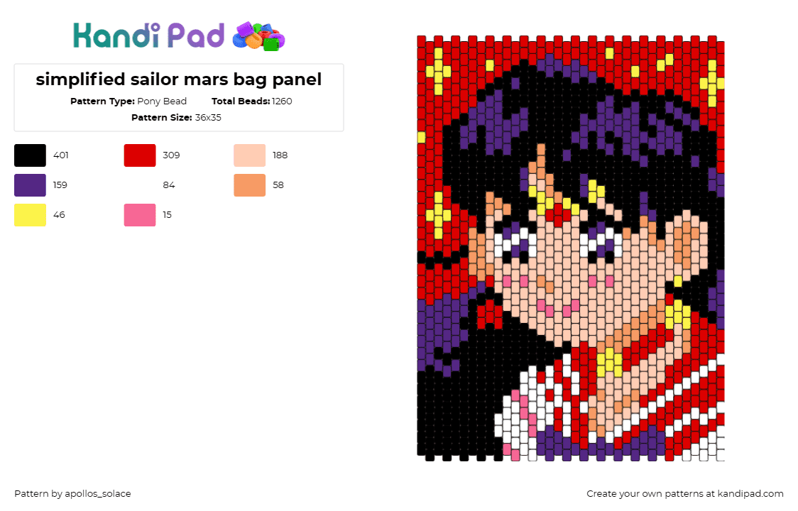 simplified sailor mars bag panel - Pony Bead Pattern by apollos_solace on Kandi Pad - sailor mars,sailor moon,bag,anime,nostalgia,character,vibrant,art,red