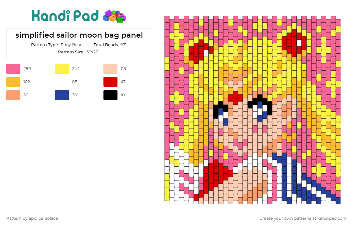 simplified sailor moon bag panel - Pony Bead Pattern by apollos_solace on Kandi Pad - sailor moon,bag,panel,anime,simplified,character,magical girl,manga,accessory,blonde,pink,yellow