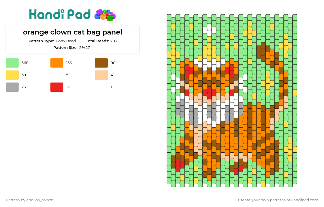 orange clown cat bag panel - Pony Bead Pattern by apollos_solace on Kandi Pad - cat,clown,party,bag,panel,playful,whimsical,orange,green
