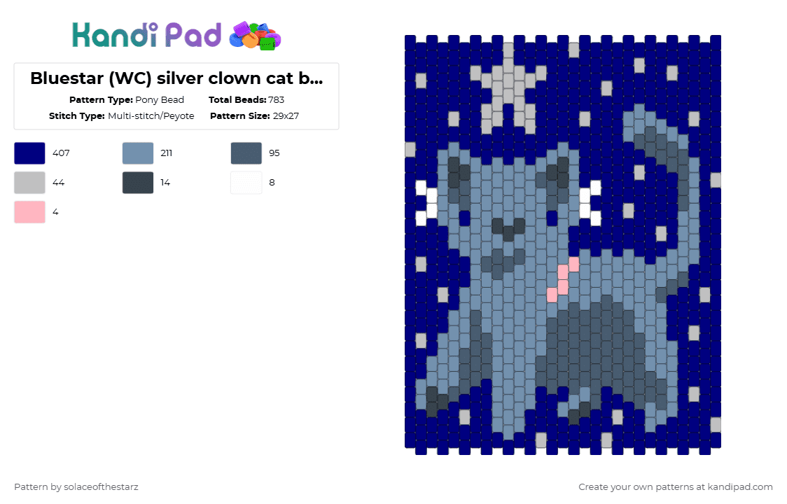 Bluestar (WC) silver bag panel - Pony Bead Pattern by solaceofthestarz on Kandi Pad - warriors,warrior cats,bluestar,wc,starclan,thunderclan,purple,gray