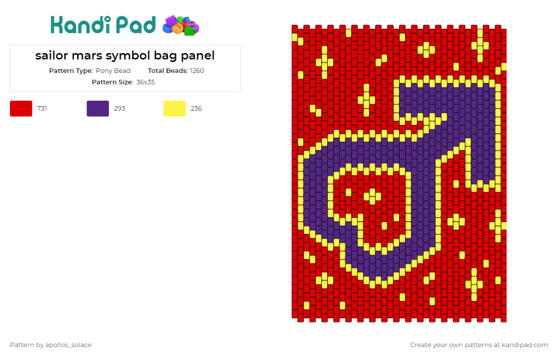 sailor mars symbol bag panel - Pony Bead Pattern by apollos_solace on Kandi Pad - sailor mars,sailor moon,bag,anime,iconic,symbol,accessories,fan art,panel,red
