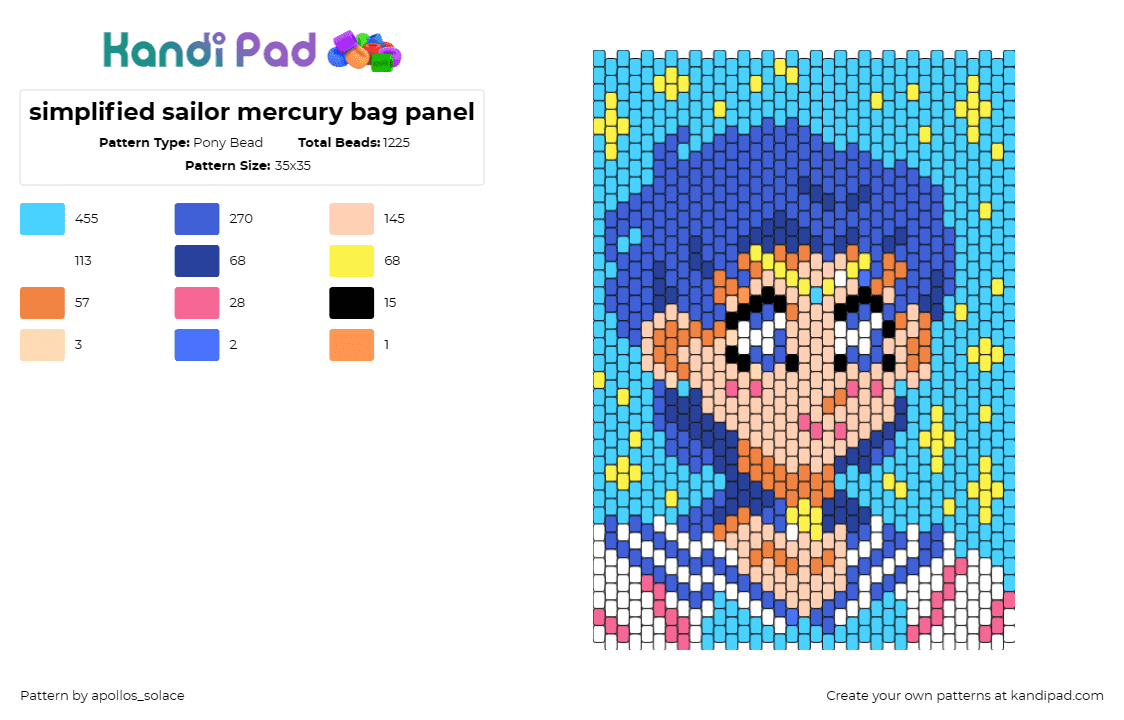 simplified sailor mercury bag panel - Pony Bead Pattern by apollos_solace on Kandi Pad - sailor mercury,sailor moon,bag,anime,simplified,character,magical girl,manga,blu