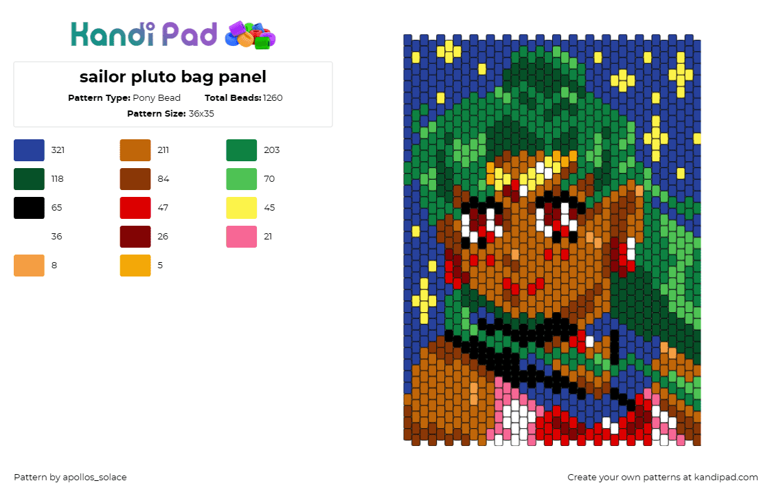 sailor pluto bag panel - Pony Bead Pattern by apollos_solace on Kandi Pad - sailor pluto,sailor moon,bag,elegance,timeless,anime,stunning,green,brown,blue