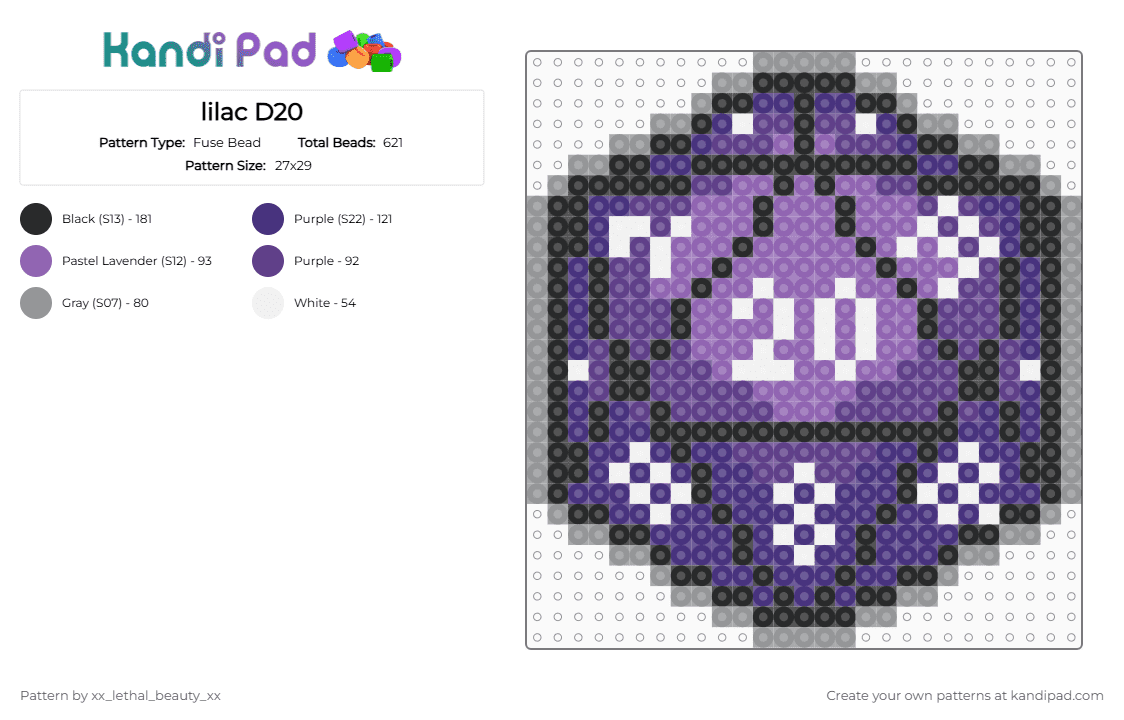 lilac D20 - Fuse Bead Pattern by xx_lethal_beauty_xx on Kandi Pad - purple
