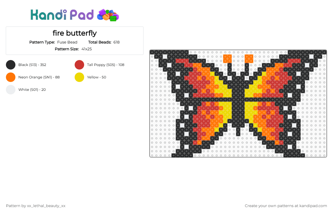 fire butterfly - Fuse Bead Pattern by xx_lethal_beauty_xx on Kandi Pad - black, orange, red