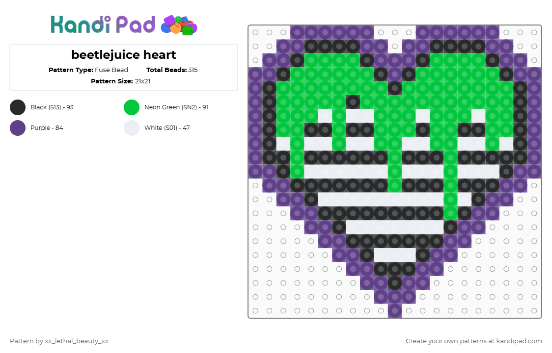 beetlejuice heart - Fuse Bead Pattern by xx_lethal_beauty_xx on Kandi Pad - green,purple