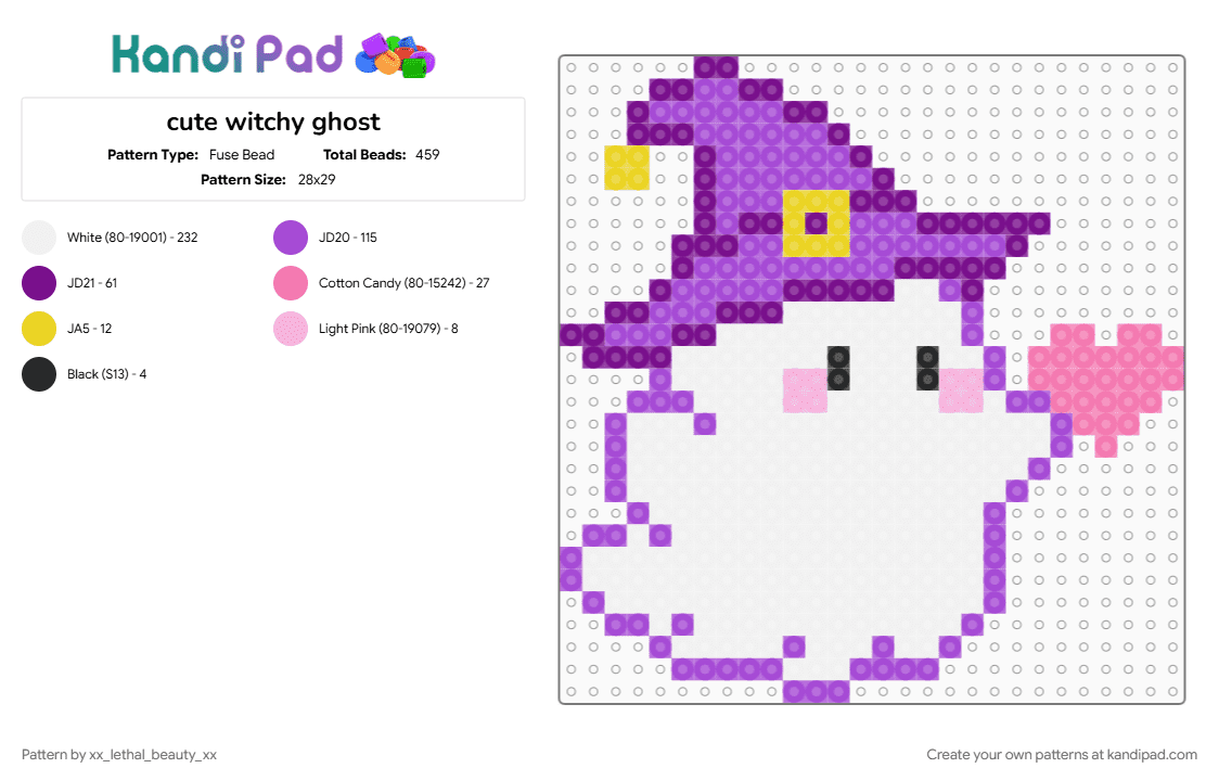 cute witchy ghost - Fuse Bead Pattern by xx_lethal_beauty_xx on Kandi Pad - pink, purple, white