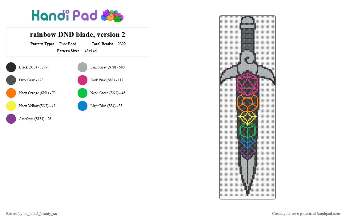 rainbow DND blade, version 2 - Fuse Bead Pattern by xx_lethal_beauty_xx on Kandi Pad - black,gray