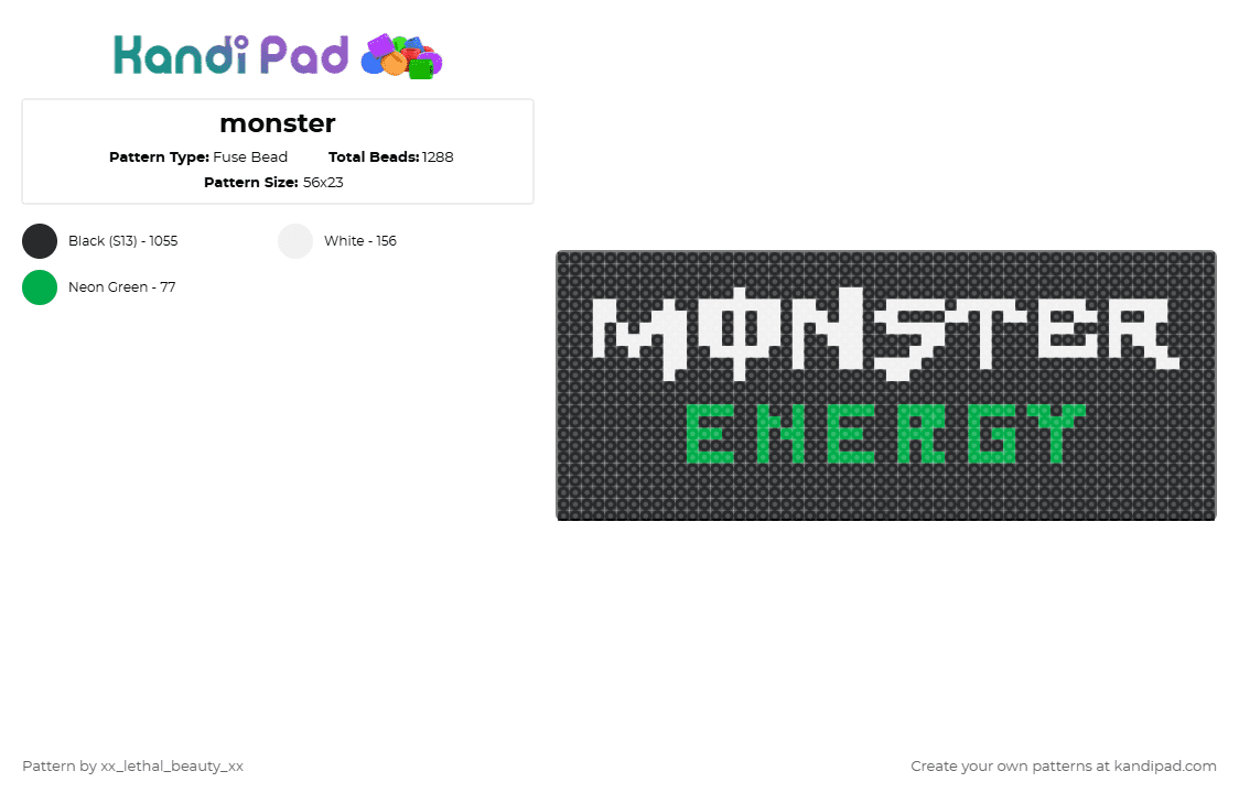 monster - Fuse Bead Pattern by xx_lethal_beauty_xx on Kandi Pad - monster,energy,black,white,green