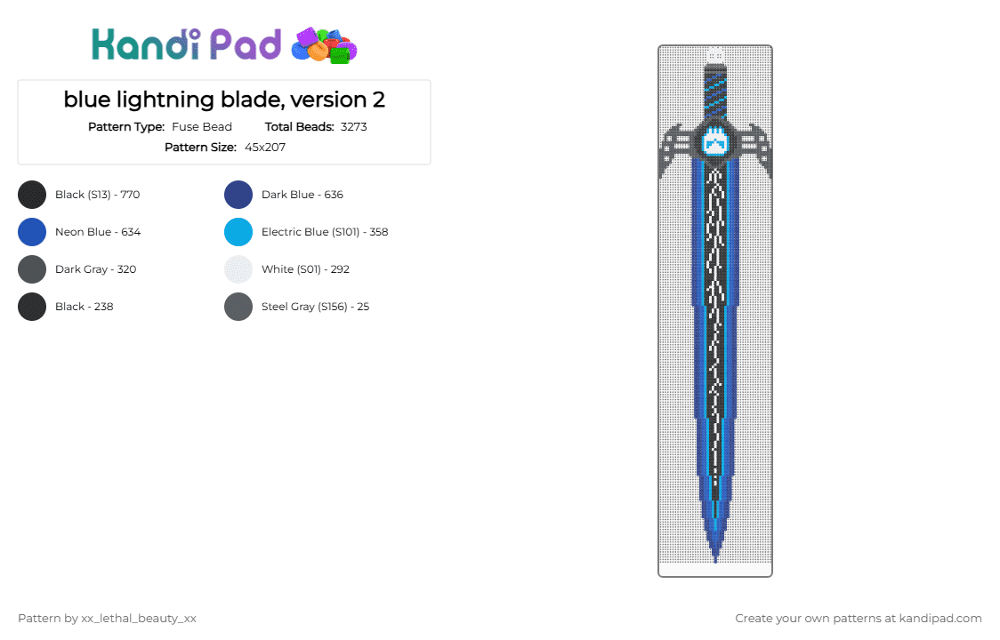 blue lightning blade, version 2 - Fuse Bead Pattern by xx_lethal_beauty_xx on Kandi Pad - blue