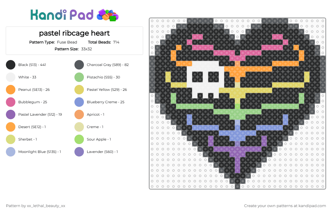 pastel ribcage heart - Fuse Bead Pattern by xx_lethal_beauty_xx on Kandi Pad - black, gray, pink