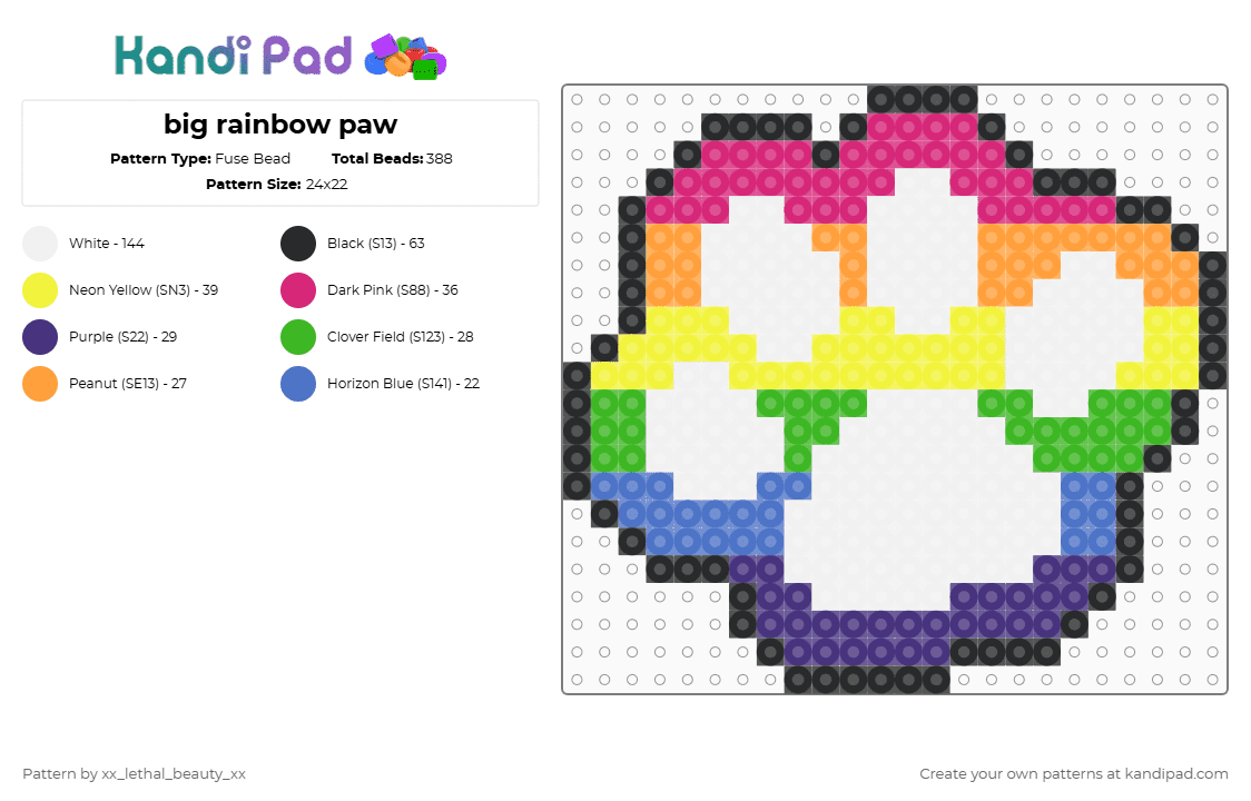 big rainbow paw - Fuse Bead Pattern by xx_lethal_beauty_xx on Kandi Pad - white,purple,yellow,colorful