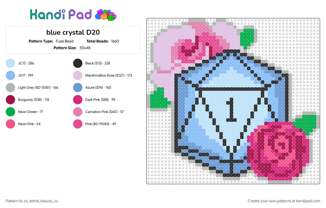 blue crystal D20 - Fuse Bead Pattern by xx_lethal_beauty_xx on Kandi Pad - light blue, pink