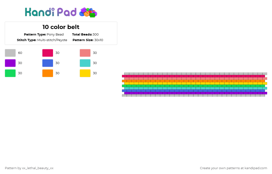 10 color belt - Pony Bead Pattern by xx_lethal_beauty_xx on Kandi Pad - red,blue,teal,yellow,colorful