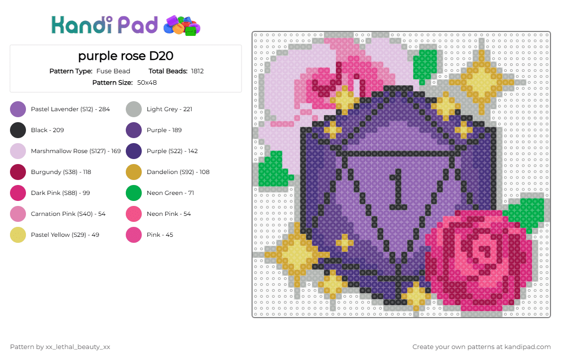 purple rose D20 - Fuse Bead Pattern by xx_lethal_beauty_xx on Kandi Pad - pink, purple