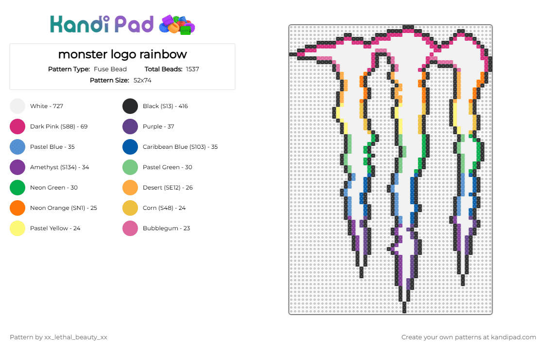 monster logo rainbow - Fuse Bead Pattern by xx_lethal_beauty_xx on Kandi Pad - white,pink,orange,yellow