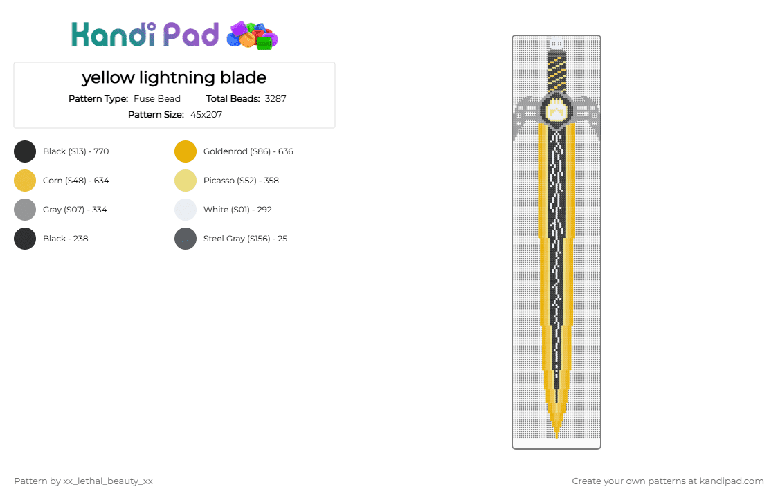 yellow lightning blade - Fuse Bead Pattern by xx_lethal_beauty_xx on Kandi Pad - orange, yellow