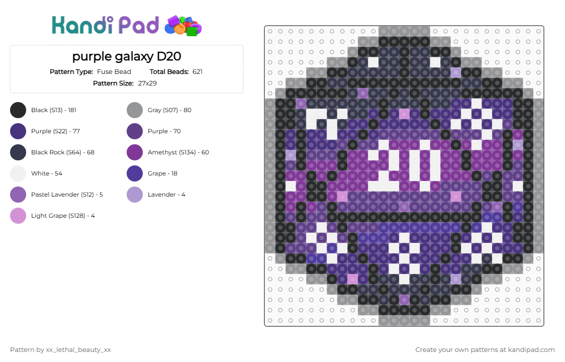 purple galaxy D20 - Fuse Bead Pattern by xx_lethal_beauty_xx on Kandi Pad - purple