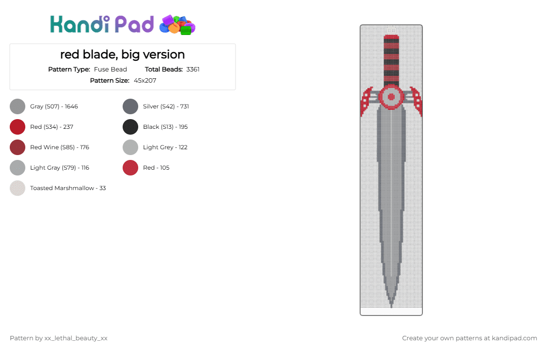 red blade, big version - Fuse Bead Pattern by xx_lethal_beauty_xx on Kandi Pad - gray