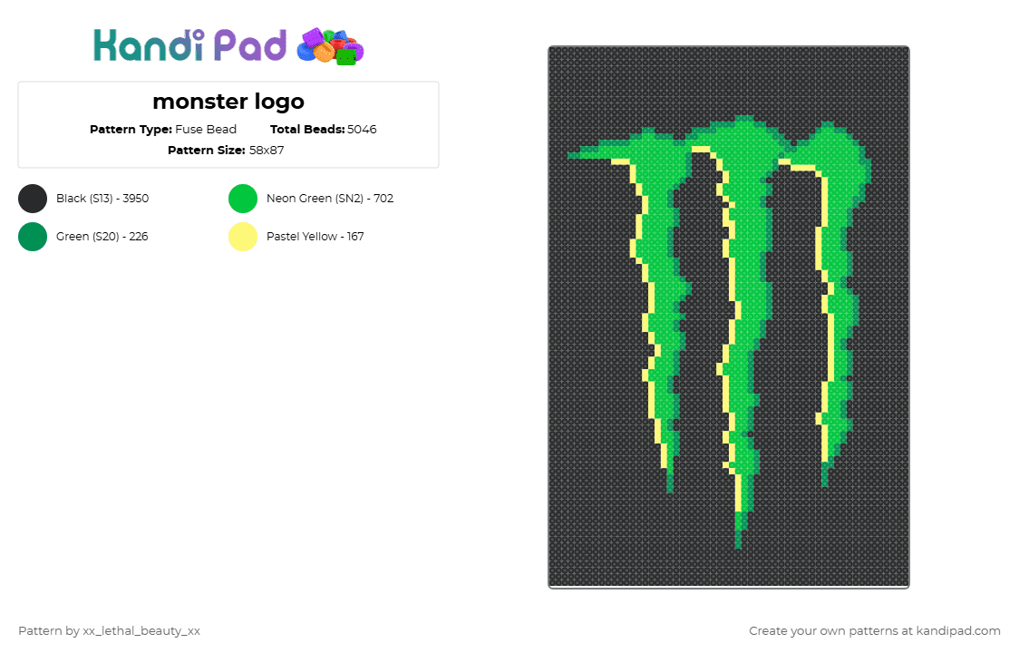 monster logo - Fuse Bead Pattern by xx_lethal_beauty_xx on Kandi Pad - monster,energy,logo,panel,energy drink,text,brand,food,black,green