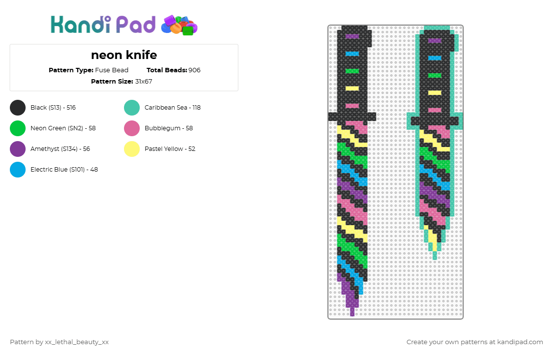neon knife - Fuse Bead Pattern by xx_lethal_beauty_xx on Kandi Pad - black,pink,teal