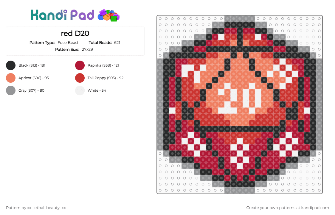 red D20 - Fuse Bead Pattern by xx_lethal_beauty_xx on Kandi Pad - red