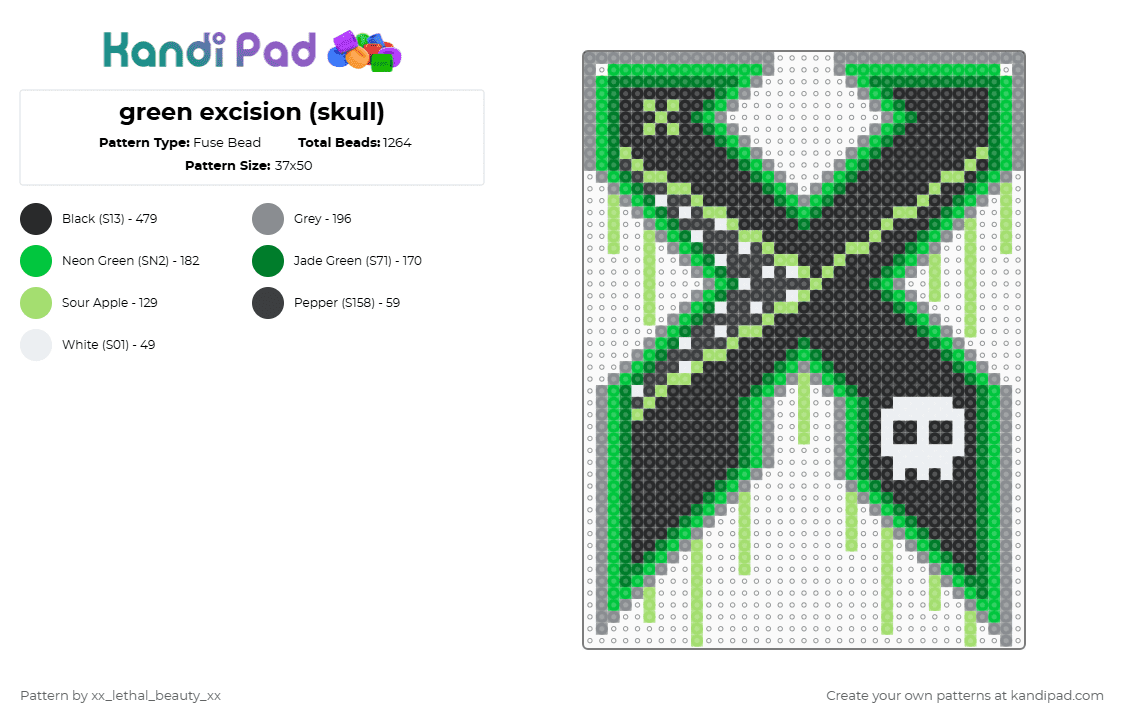 green excision (skull) - Fuse Bead Pattern by xx_lethal_beauty_xx on Kandi Pad - excision,x,logo,dj,music,edm,drippy,dubstep,dance,skull,halloween,spooky,green,gray