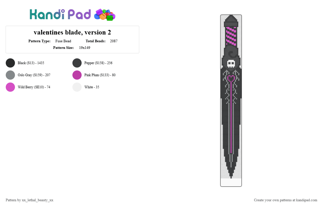valentines blade, version 2 - Fuse Bead Pattern by xx_lethal_beauty_xx on Kandi Pad - black,pink,gray
