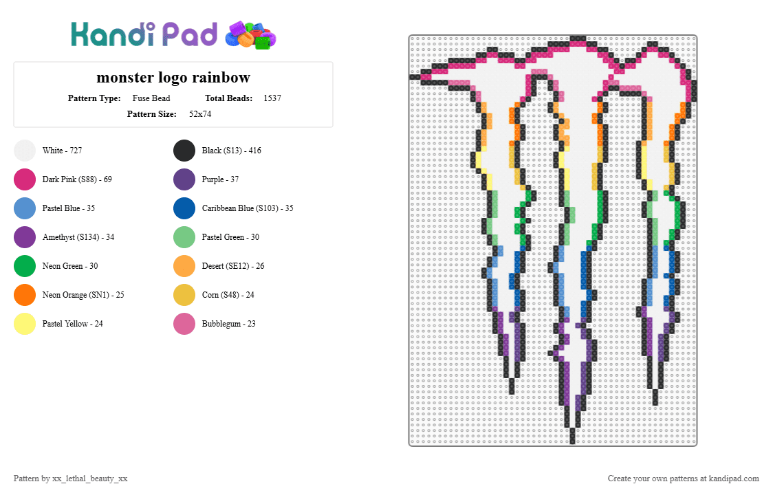 monster logo rainbow - Fuse Bead Pattern by xx_lethal_beauty_xx on Kandi Pad - orange, pink, white, yellow