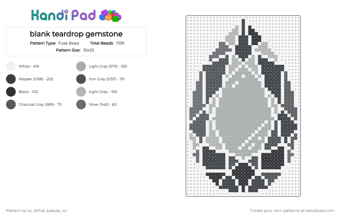 blank teardrop gemstone - Fuse Bead Pattern by xx_lethal_beauty_xx on Kandi Pad - gray