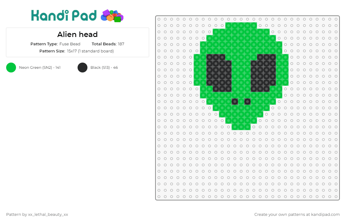 Alien head - Fuse Bead Pattern by xx_lethal_beauty_xx on Kandi Pad - alien,charm,extraterrestrial,simple,green,black