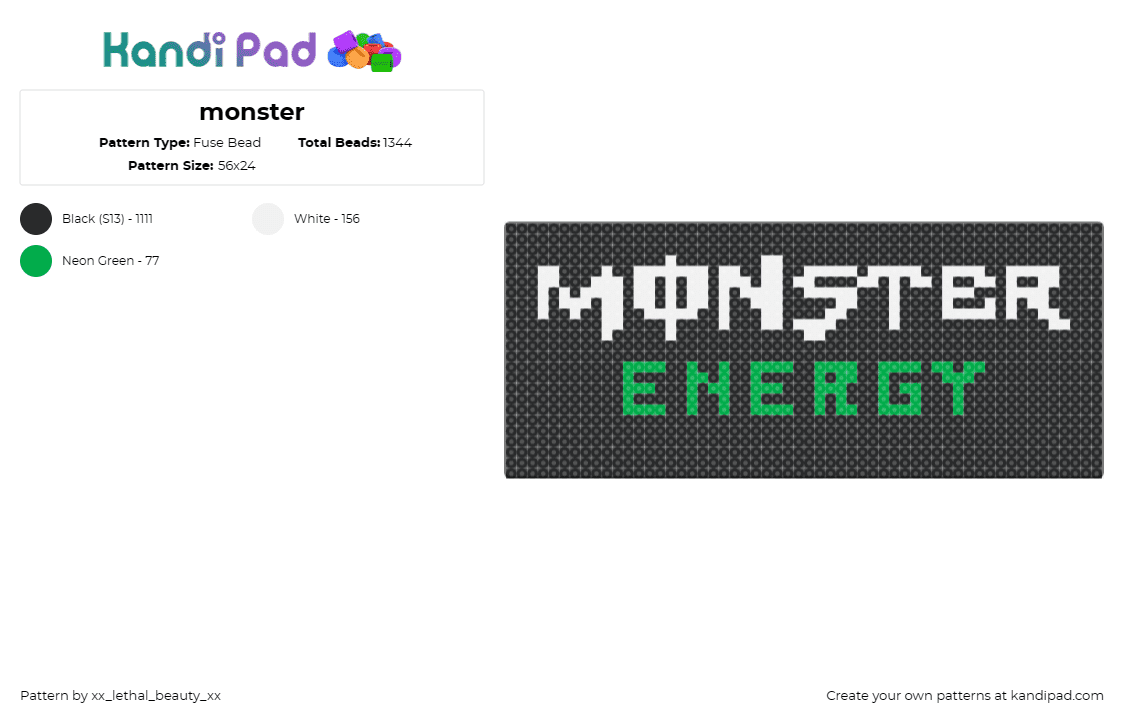 monster - Fuse Bead Pattern by xx_lethal_beauty_xx on Kandi Pad - monster,energy,sign,logo,drink,black,white,green