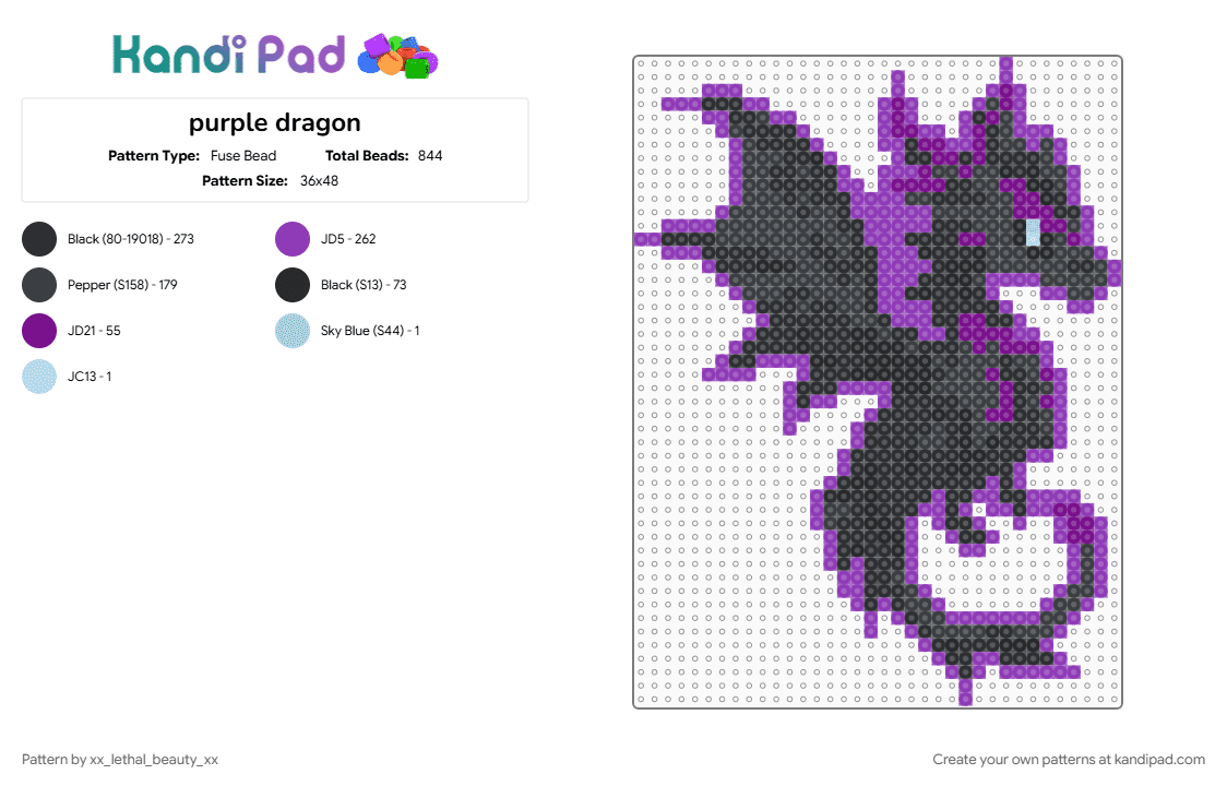 purple dragon - Fuse Bead Pattern by xx_lethal_beauty_xx on Kandi Pad - black, purple