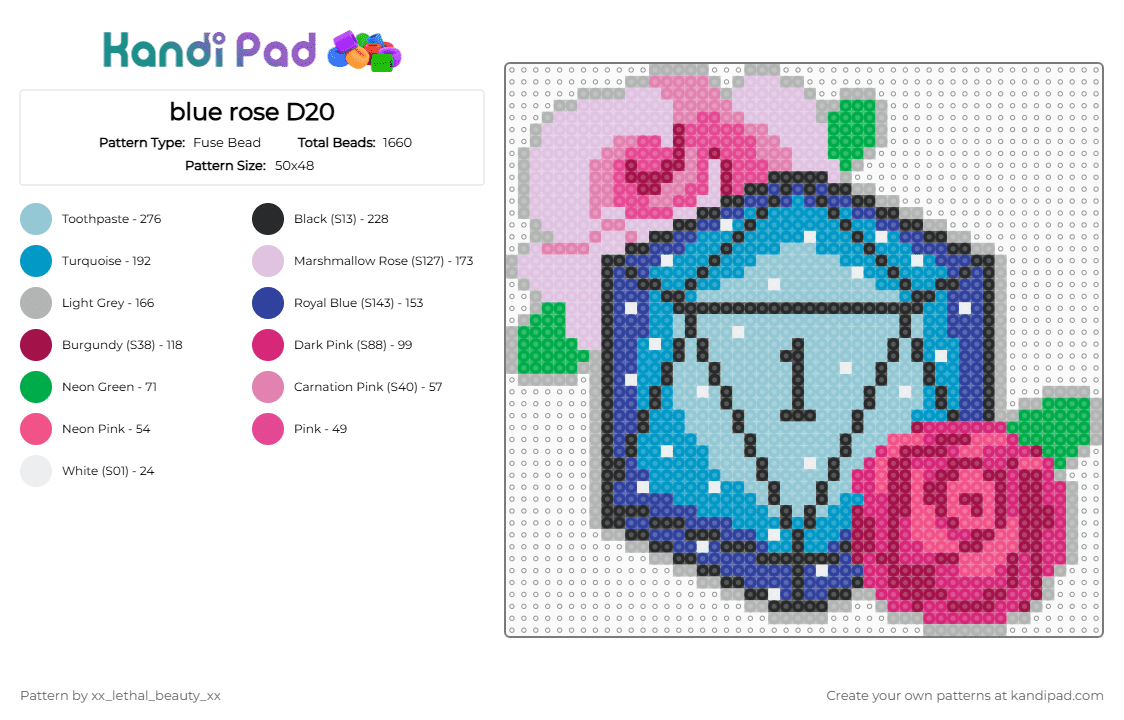 blue rose D20 - Fuse Bead Pattern by xx_lethal_beauty_xx on Kandi Pad - pink,light blue