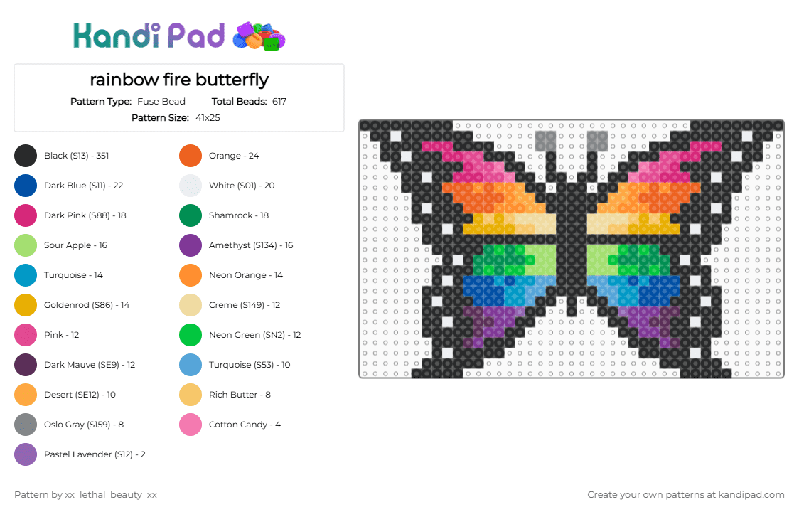 rainbow fire butterfly - Fuse Bead Pattern by xx_lethal_beauty_xx on Kandi Pad - black,green,orange,pink