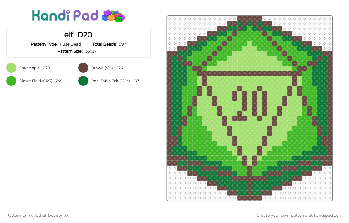 elf  D20 - Fuse Bead Pattern by xx_lethal_beauty_xx on Kandi Pad - brown, green