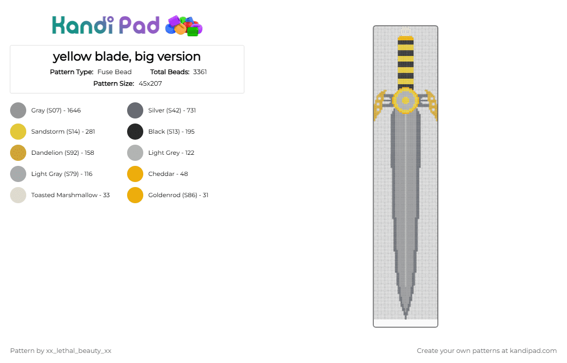 yellow blade, big version - Fuse Bead Pattern by xx_lethal_beauty_xx on Kandi Pad - gray