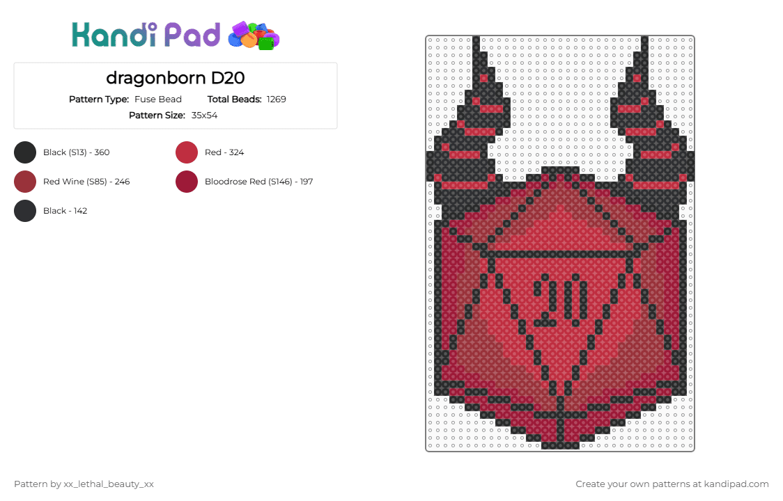 dragonborn D20 - Fuse Bead Pattern by xx_lethal_beauty_xx on Kandi Pad - black,red