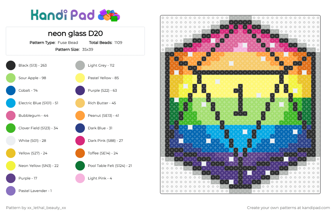 neon glass D20 - Fuse Bead Pattern by xx_lethal_beauty_xx on Kandi Pad - beige, blue, green, yellow
