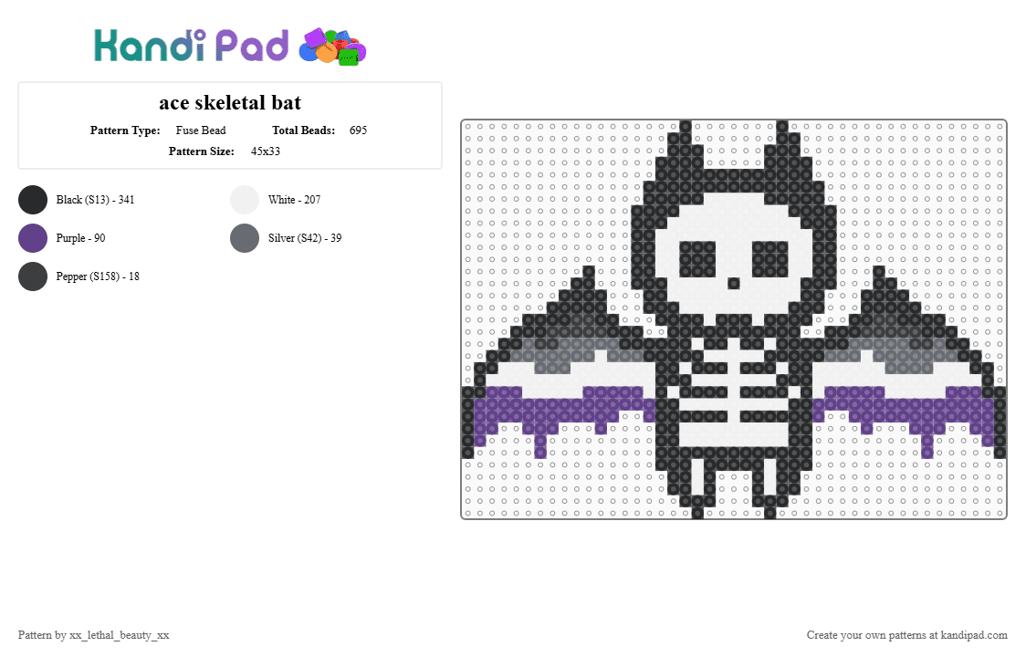 ace skeletal bat - Fuse Bead Pattern by xx_lethal_beauty_xx on Kandi Pad - gray, purple, white