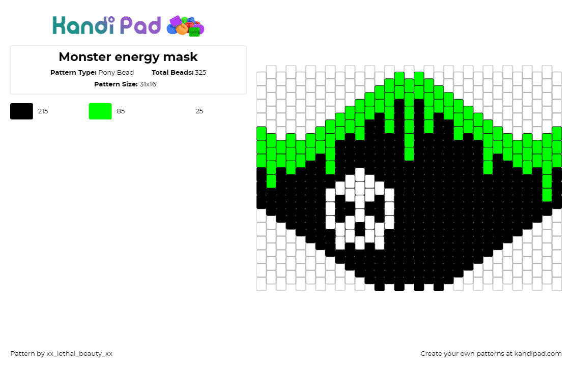 Monster energy mask - Pony Bead Pattern by xx_lethal_beauty_xx on Kandi Pad - skull,monster,drippy,energy,mask,slime,black,green