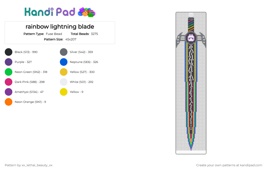 rainbow lightning blade - Fuse Bead Pattern by xx_lethal_beauty_xx on Kandi Pad - colorful, green, pink, purple