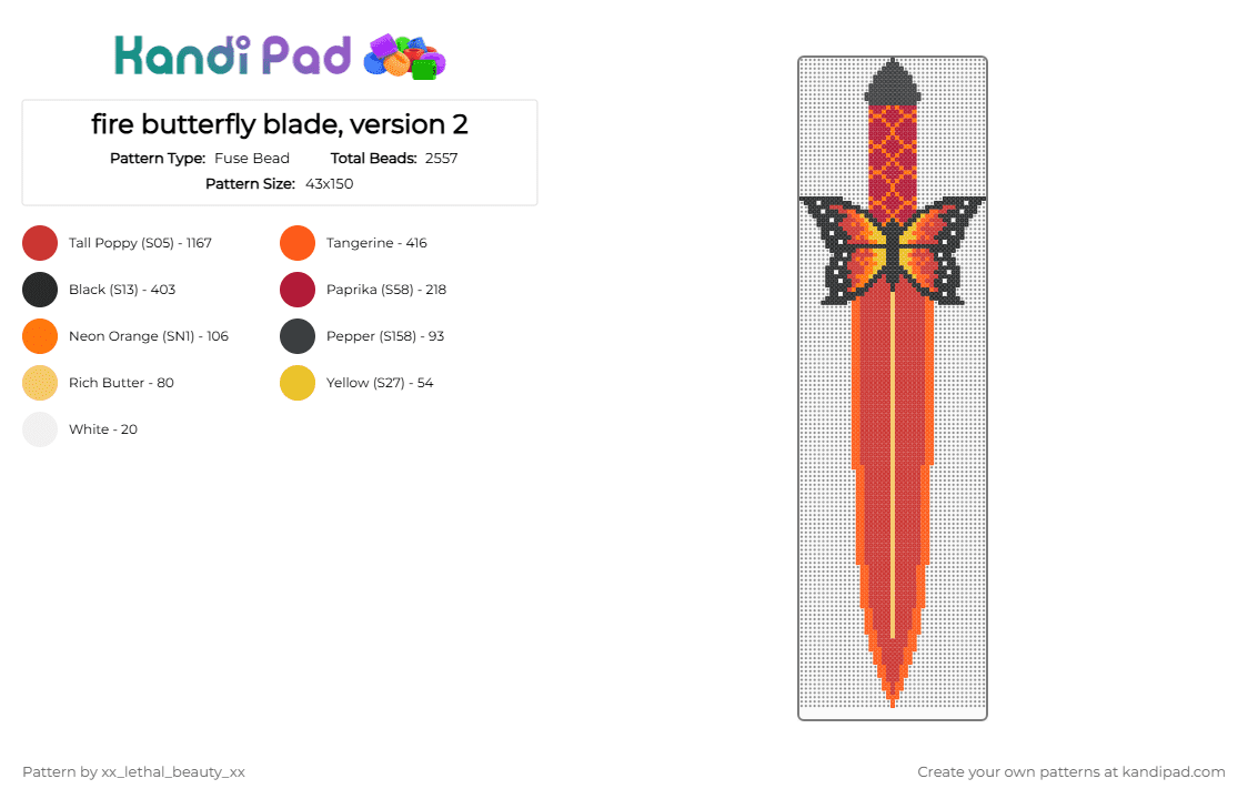 fire butterfly blade, version 2 - Fuse Bead Pattern by xx_lethal_beauty_xx on Kandi Pad - red