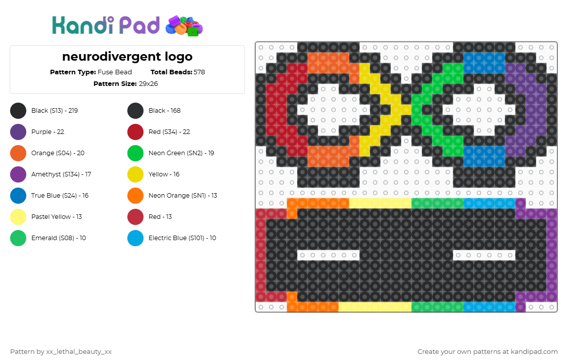 neurodivergent logo - Fuse Bead Pattern by xx_lethal_beauty_xx on Kandi Pad - black,green,orange,colorful