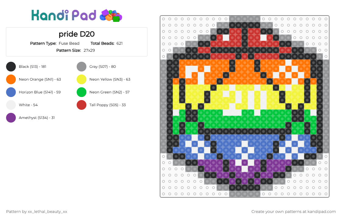 pride D20 - Fuse Bead Pattern by xx_lethal_beauty_xx on Kandi Pad - blue, colorful, yellow