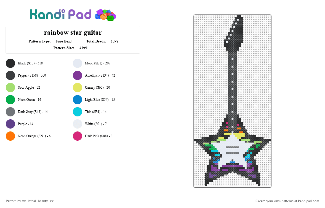 rainbow star guitar - Fuse Bead Pattern by xx_lethal_beauty_xx on Kandi Pad - black,white,pink,green,colorful