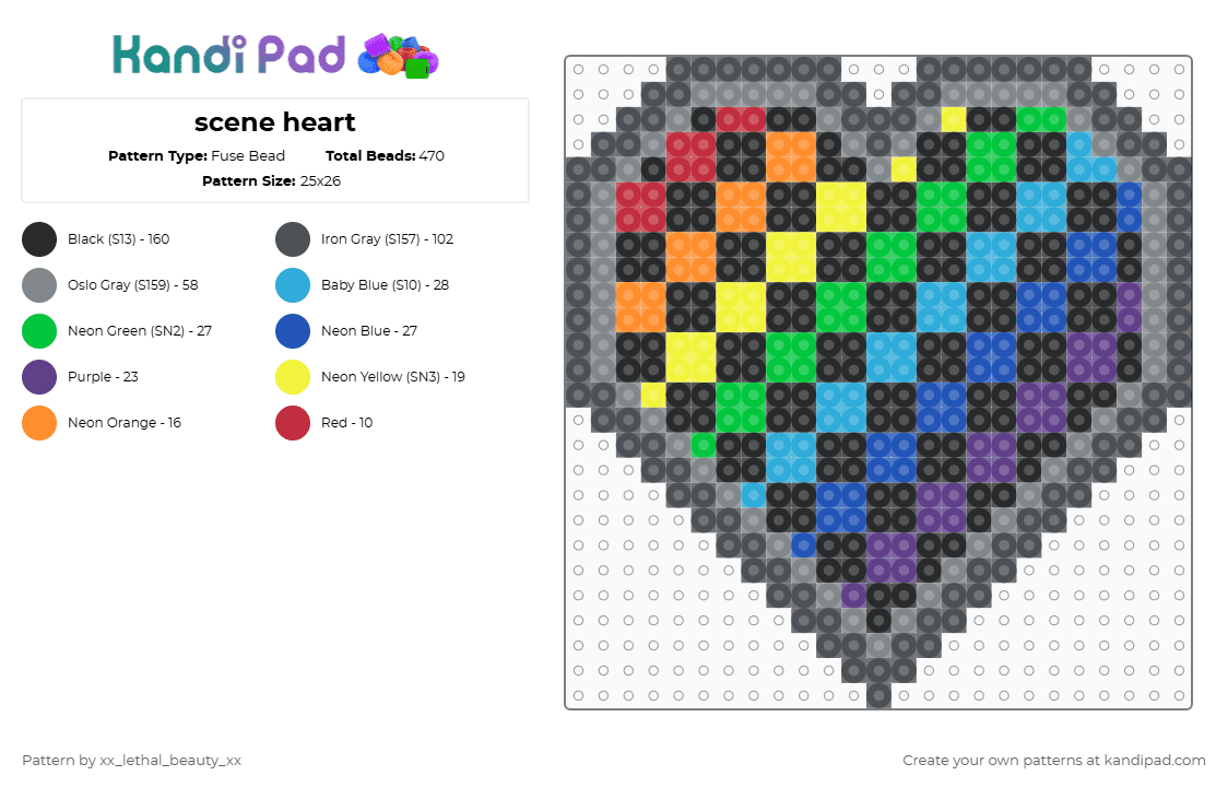 scene heart - Fuse Bead Pattern by xx_lethal_beauty_xx on Kandi Pad - gray,purple