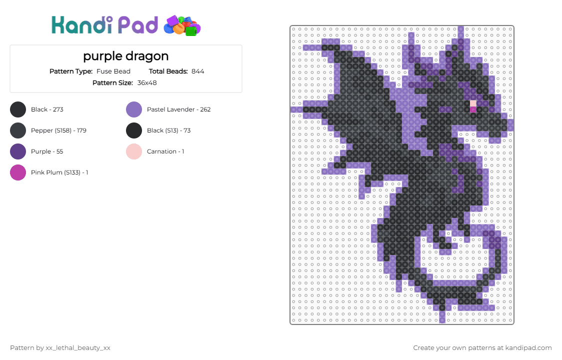 purple dragon - Fuse Bead Pattern by xx_lethal_beauty_xx on Kandi Pad - black,blue