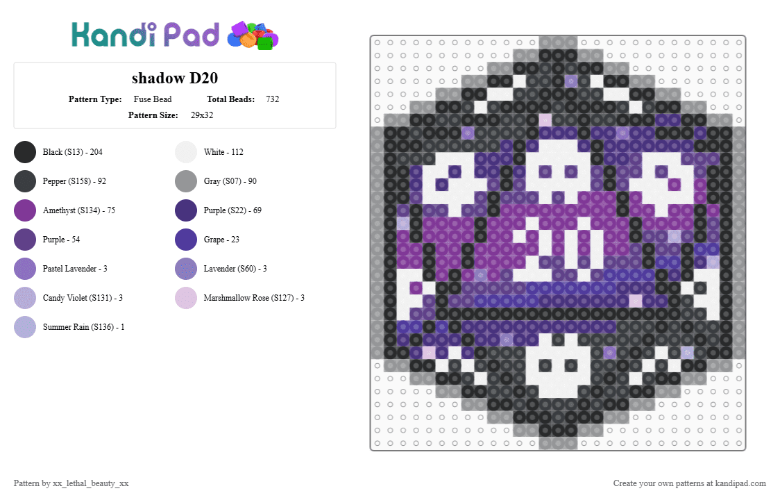 shadow D20 - Fuse Bead Pattern by xx_lethal_beauty_xx on Kandi Pad - purple,pink,gray